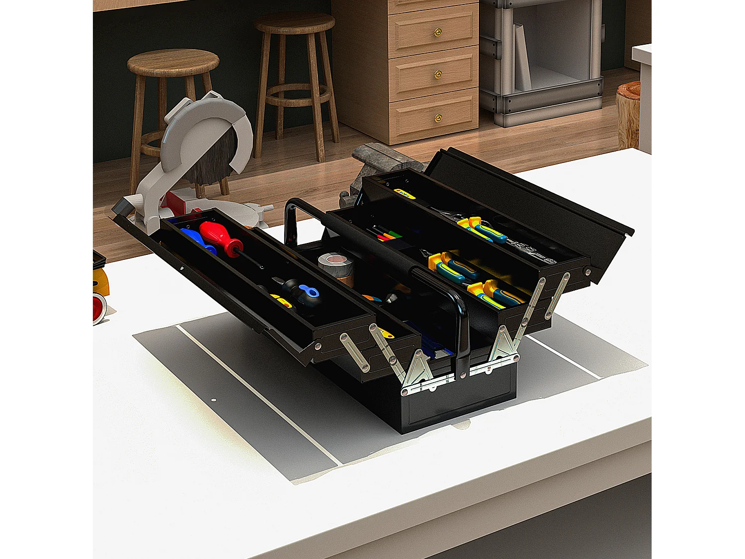 Boite à outils métallique - coffret à outils - caisse à outils 3 niveaux 5 plateaux rétractables - tôle acier noir