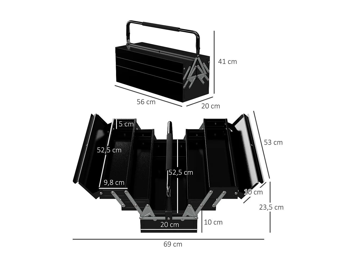 Boite à outils métallique - coffret à outils - caisse à outils 3 niveaux 5 plateaux rétractables - tôle acier noir