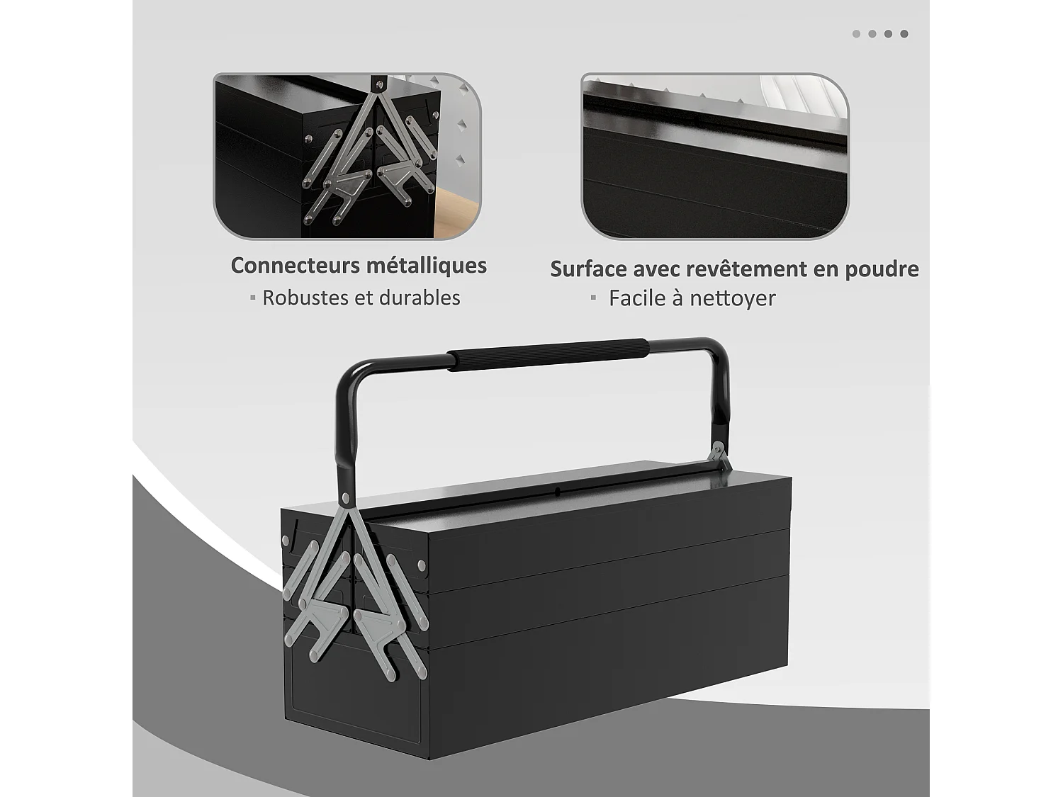 Boite à outils métallique - coffret à outils - caisse à outils 3 niveaux 5 plateaux rétractables - tôle acier noir