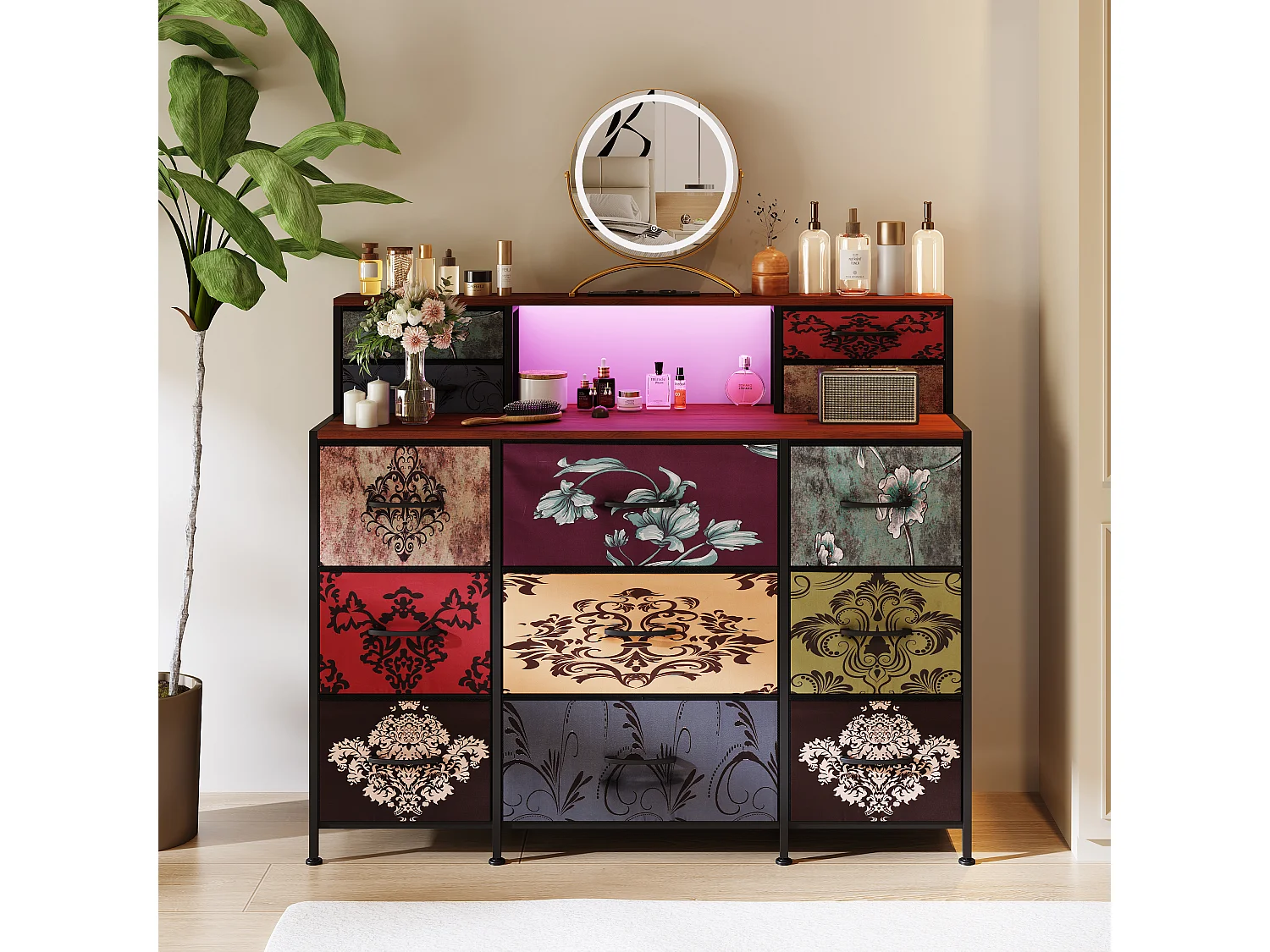 Coiffeuse à 13 tiroirs, armoire avec éclairage LED et port USB, commode en bois et métal, 109,2 x 28 x 97,3 cm