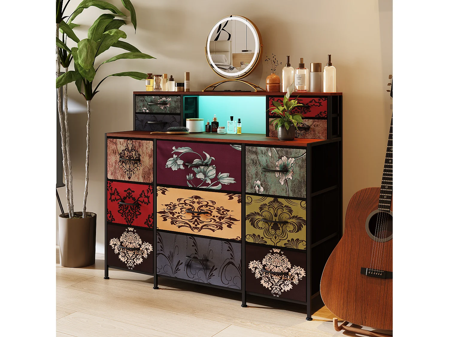 Coiffeuse à 13 tiroirs, armoire avec éclairage LED et port USB, commode en bois et métal, 109,2 x 28 x 97,3 cm