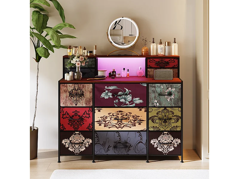 Coiffeuse à 13 tiroirs, armoire avec éclairage LED et port USB, commode en bois et métal, 109,2 x 28 x 97,3 cm