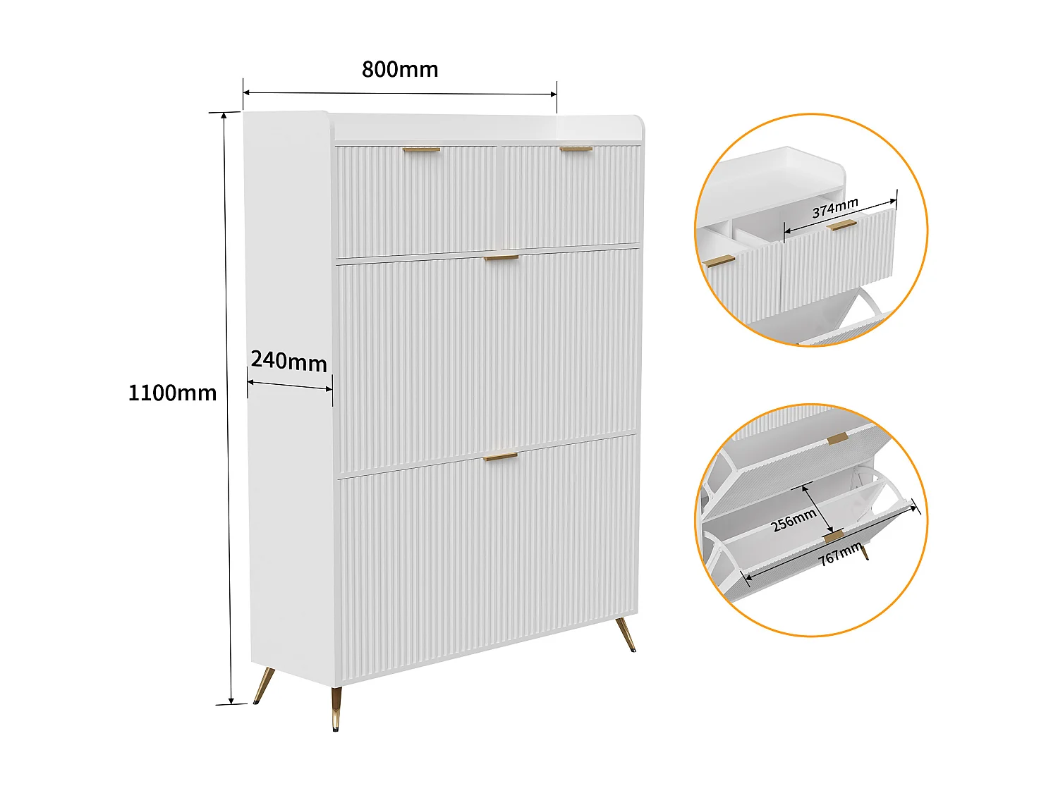 Meuble à chaussures/étagère à chaussures pour entrée avec 2 tiroirs et 2 portes battantes, 80 x 24 x 110 cm，Blanc