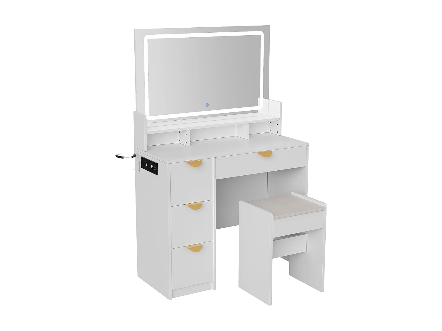 Coiffeuse avec éclairage LED et prises électriques, 3 couleurs à luminosité réglable, table de toilette avec 4 tiroirs et 4 compartiments ouverts
