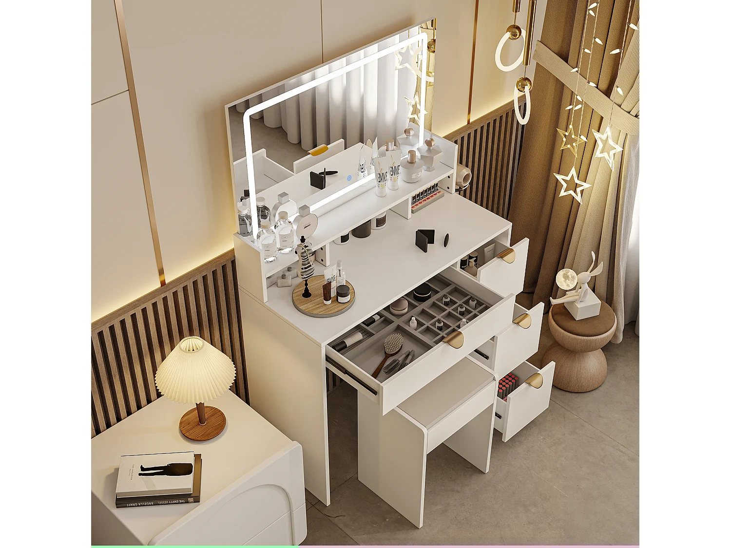 Coiffeuse avec éclairage LED et prises électriques, 3 couleurs à luminosité réglable, table de toilette avec 4 tiroirs et 4 compartiments ouverts