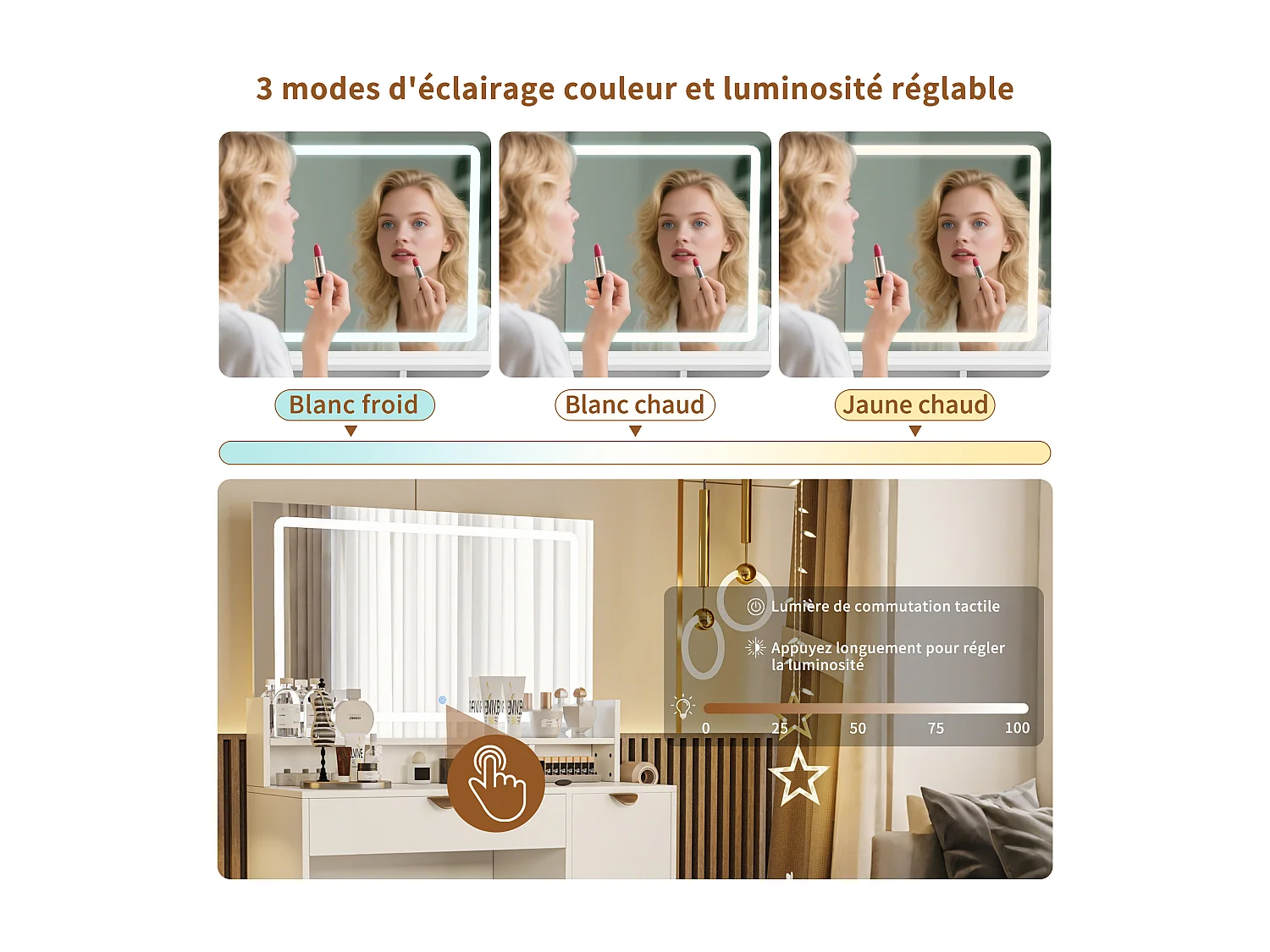 Coiffeuse avec éclairage LED et prises électriques, 3 couleurs à luminosité réglable, table de toilette avec 4 tiroirs et 4 compartiments ouverts