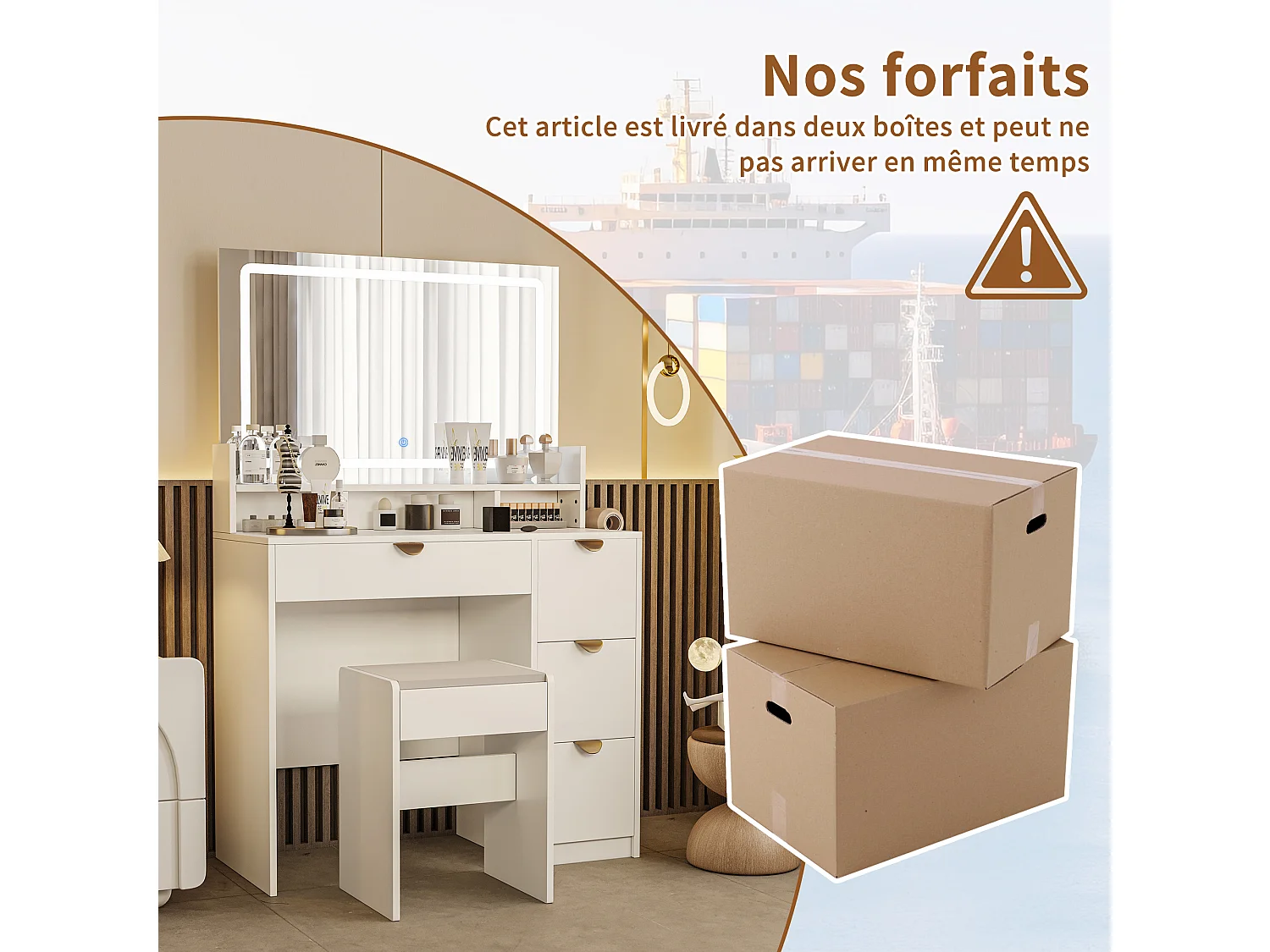 Coiffeuse avec éclairage LED et prises électriques, 3 couleurs à luminosité réglable, table de toilette avec 4 tiroirs et 4 compartiments ouverts