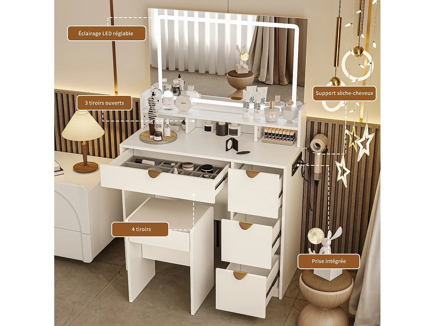 Coiffeuse avec éclairage LED et prises électriques, 3 couleurs à luminosité réglable, table de toilette avec 4 tiroirs et 4 compartiments ouverts