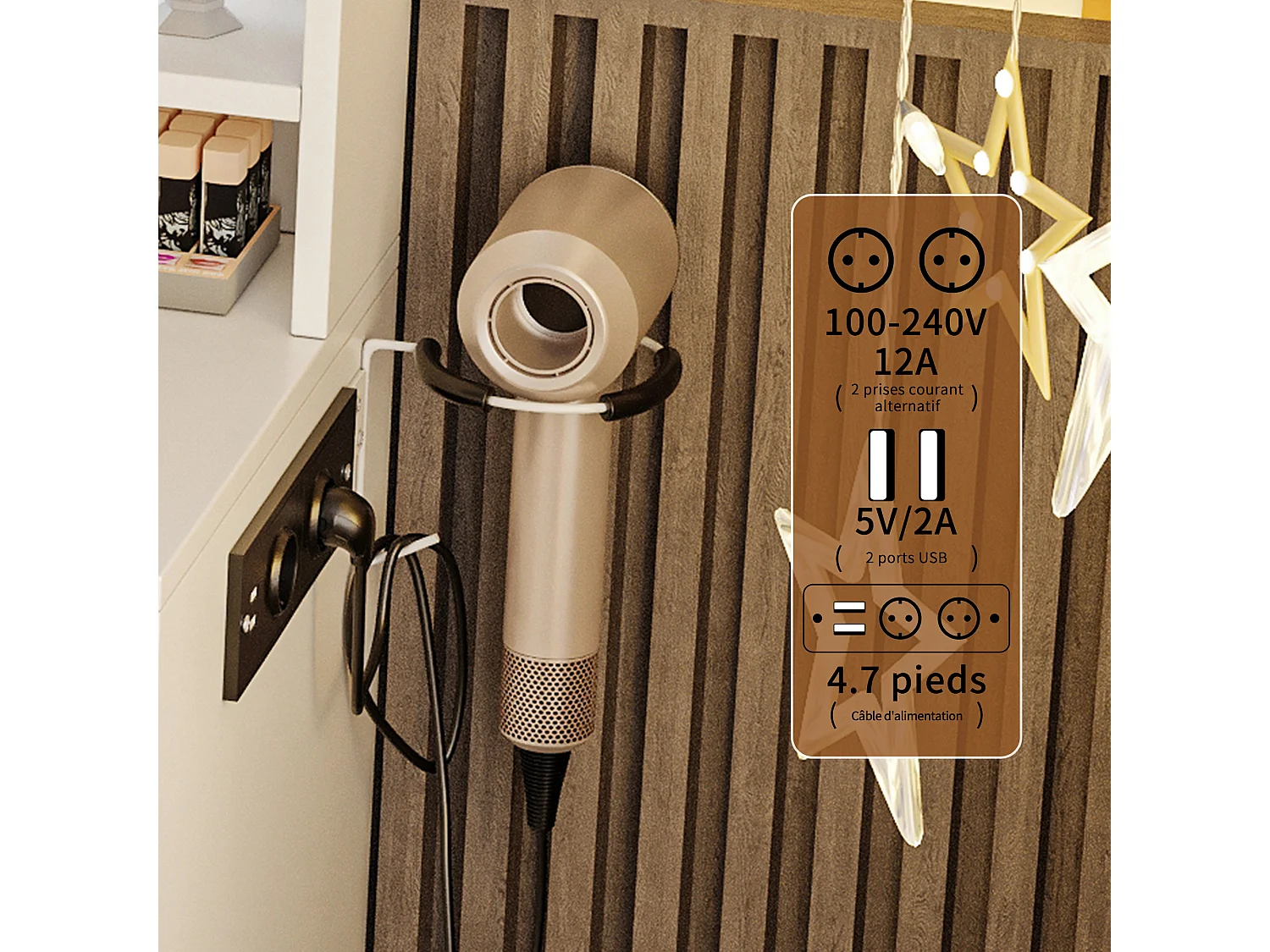 Coiffeuse avec éclairage LED et prises électriques, 3 couleurs à luminosité réglable, table de toilette avec 4 tiroirs et 4 compartiments ouverts