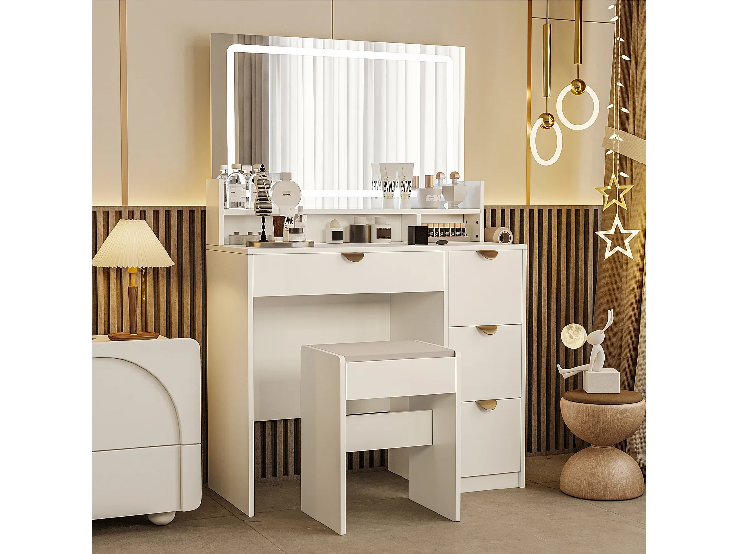 Coiffeuse avec éclairage LED et prises électriques, 3 couleurs à luminosité réglable, table de toilette avec 4 tiroirs et 4 compartiments ouverts