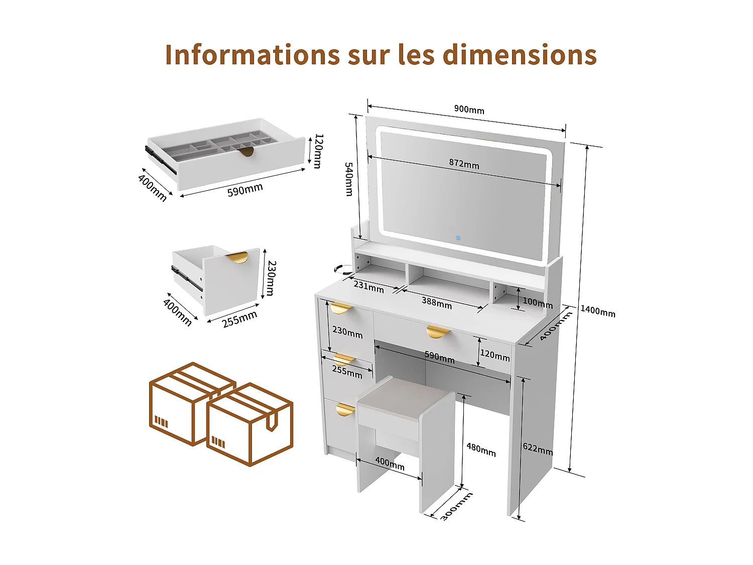 Coiffeuse avec éclairage LED et prises électriques, 3 couleurs à luminosité réglable, table de toilette avec 4 tiroirs et 4 compartiments ouverts
