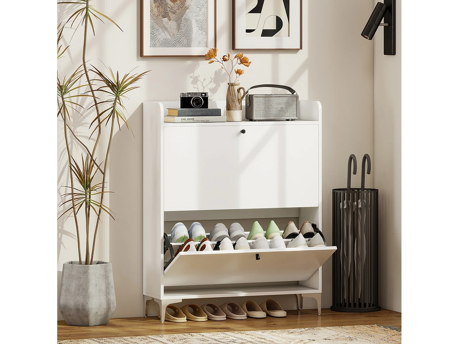 Meuble à chaussures 2 portes 2 étagères plateau à rebords 80 x 24 x 101 cm blanc