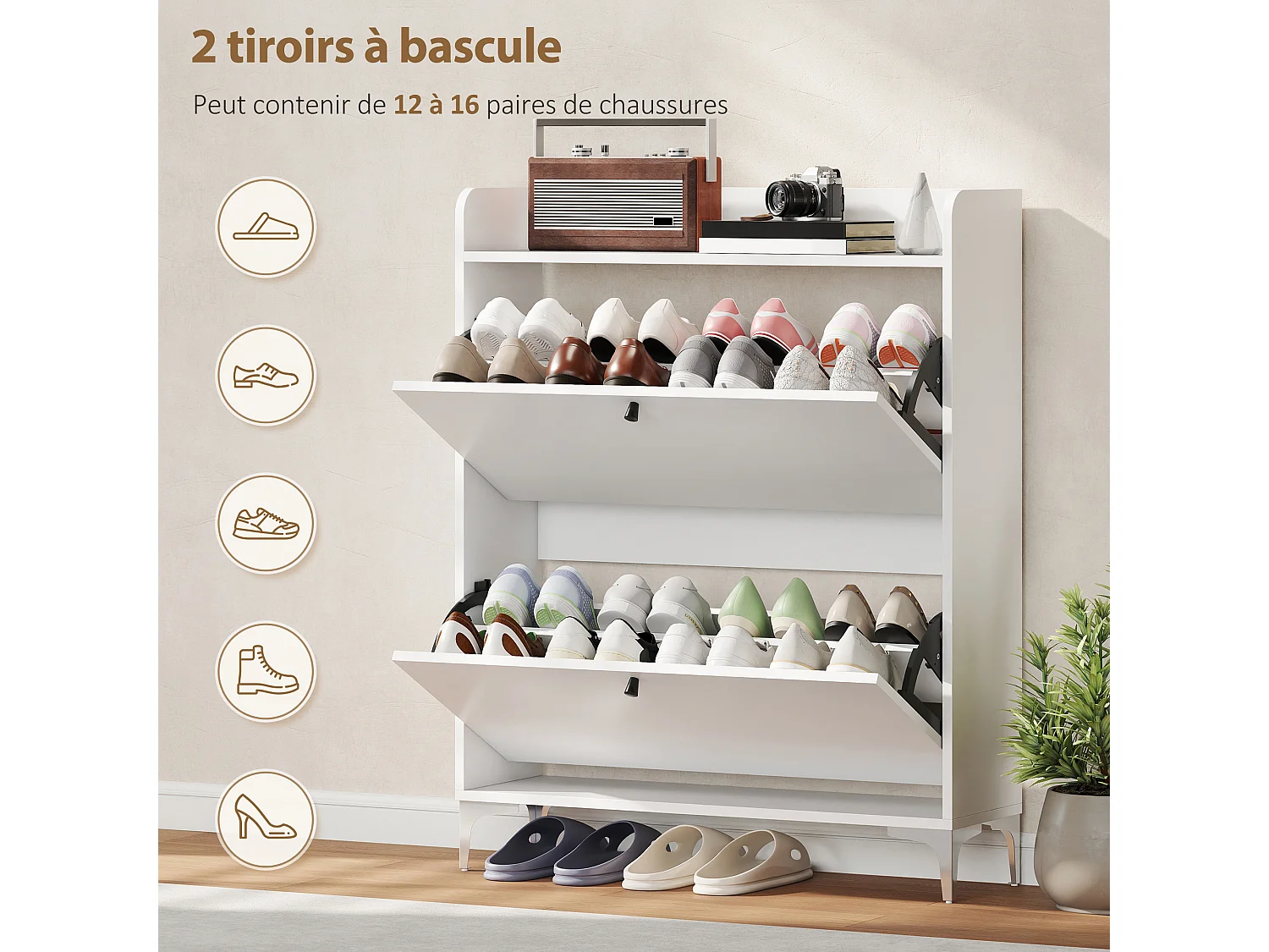 Meuble à chaussures 2 portes 2 étagères plateau à rebords 80 x 24 x 101 cm blanc