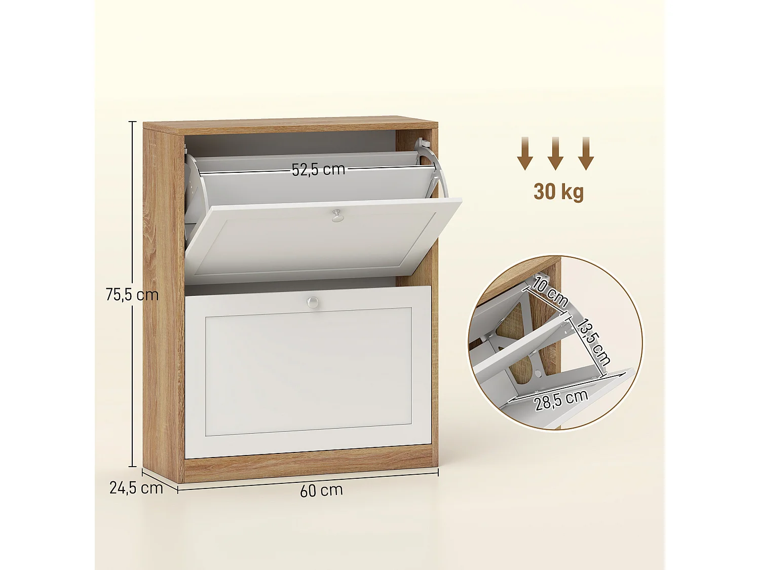 Meuble à chaussures 2 portes abattants étagères réglables dim. 60x24x75cm blanc effet bois clair