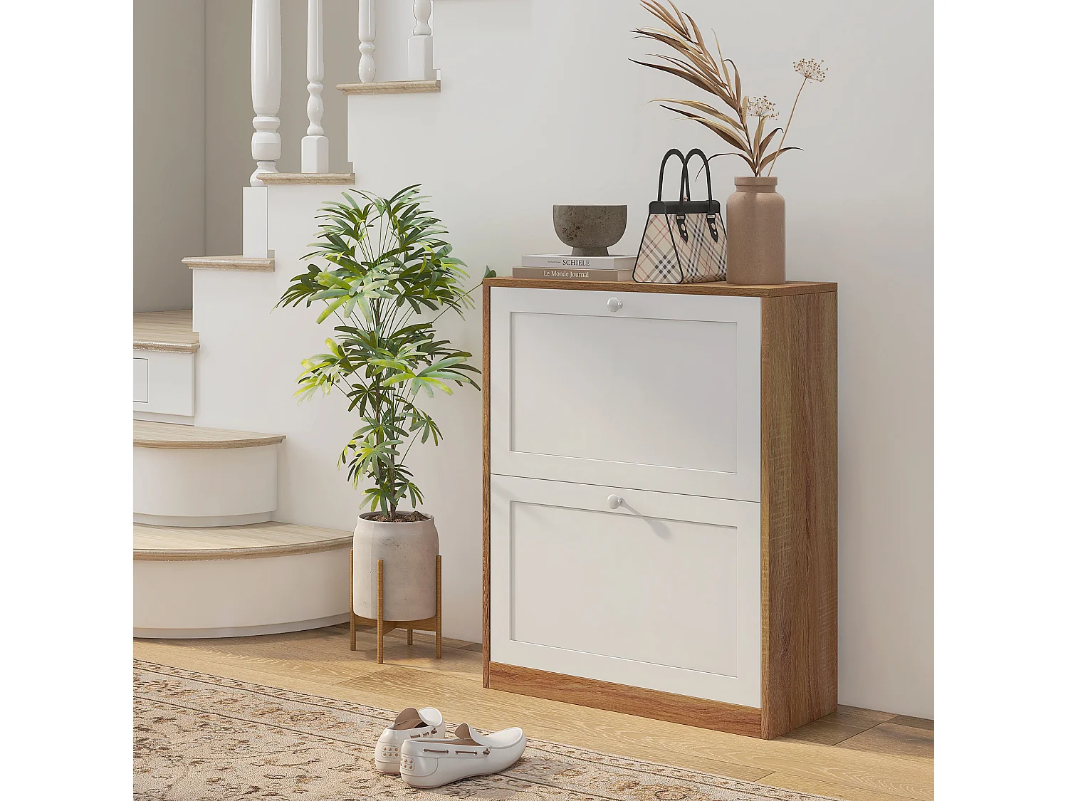 Meuble à chaussures 2 portes abattants étagères réglables dim. 60x24x75cm blanc effet bois clair