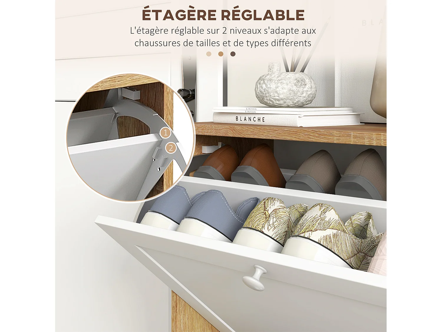 Meuble à chaussures 2 portes abattants étagères réglables dim. 60x24x75cm blanc effet bois clair