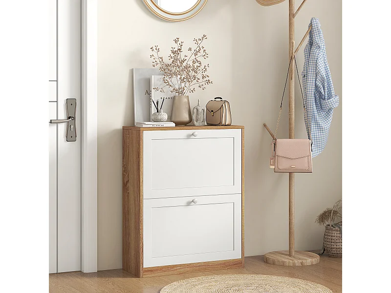 Meuble à chaussures 2 portes abattants étagères réglables dim. 60x24x75cm blanc effet bois clair