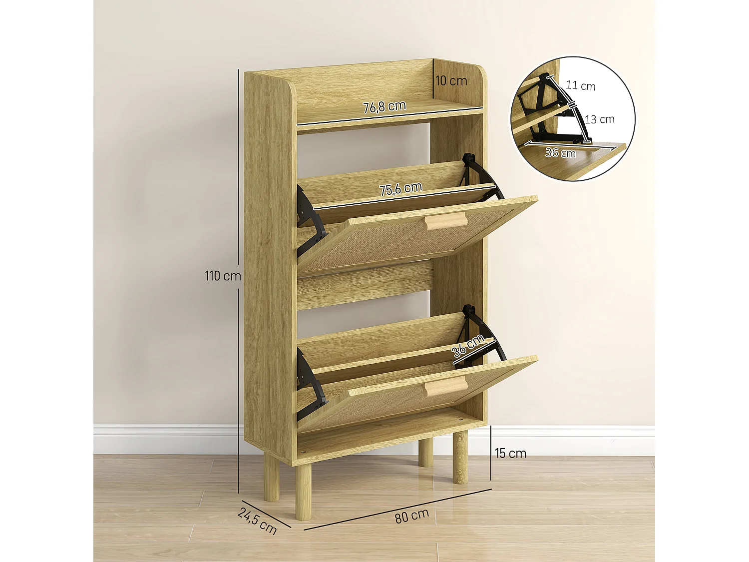 Meuble à chaussures style bohème chic - 2 portes abattantes, étagère - cannage rotin aspect bois clair