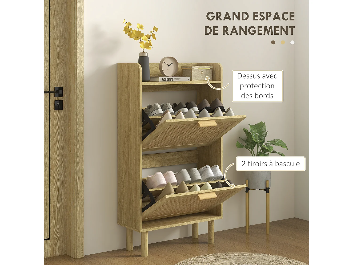 Meuble à chaussures style bohème chic - 2 portes abattantes, étagère - cannage rotin aspect bois clair