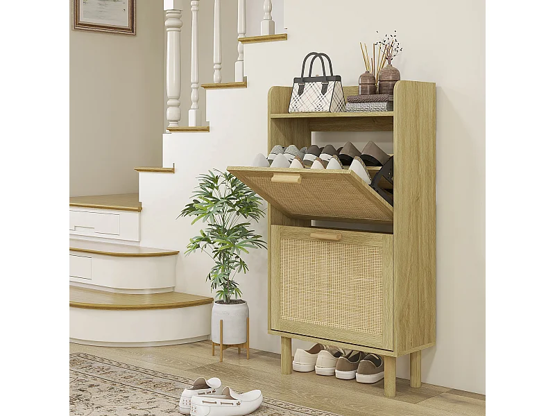 Meuble à chaussures style bohème chic - 2 portes abattantes, étagère - cannage rotin aspect bois clair