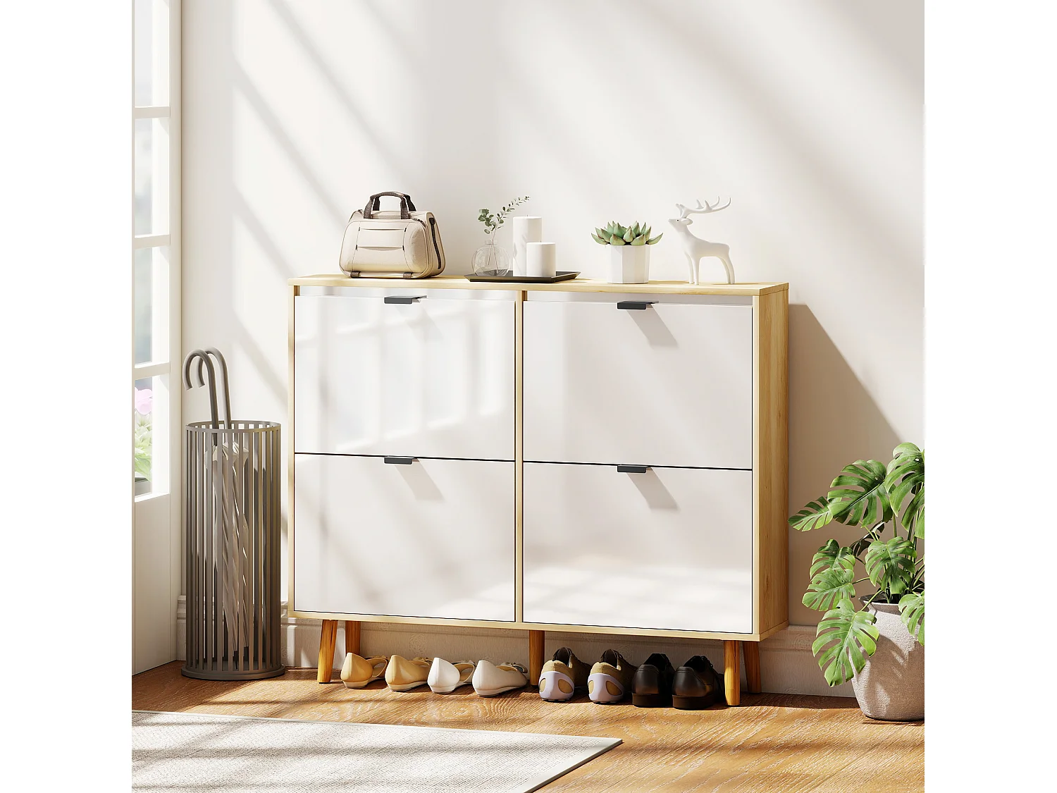 Meuble à chaussures style scandinave 4 portes étagères réglables piètement bois blanc effet bois clair