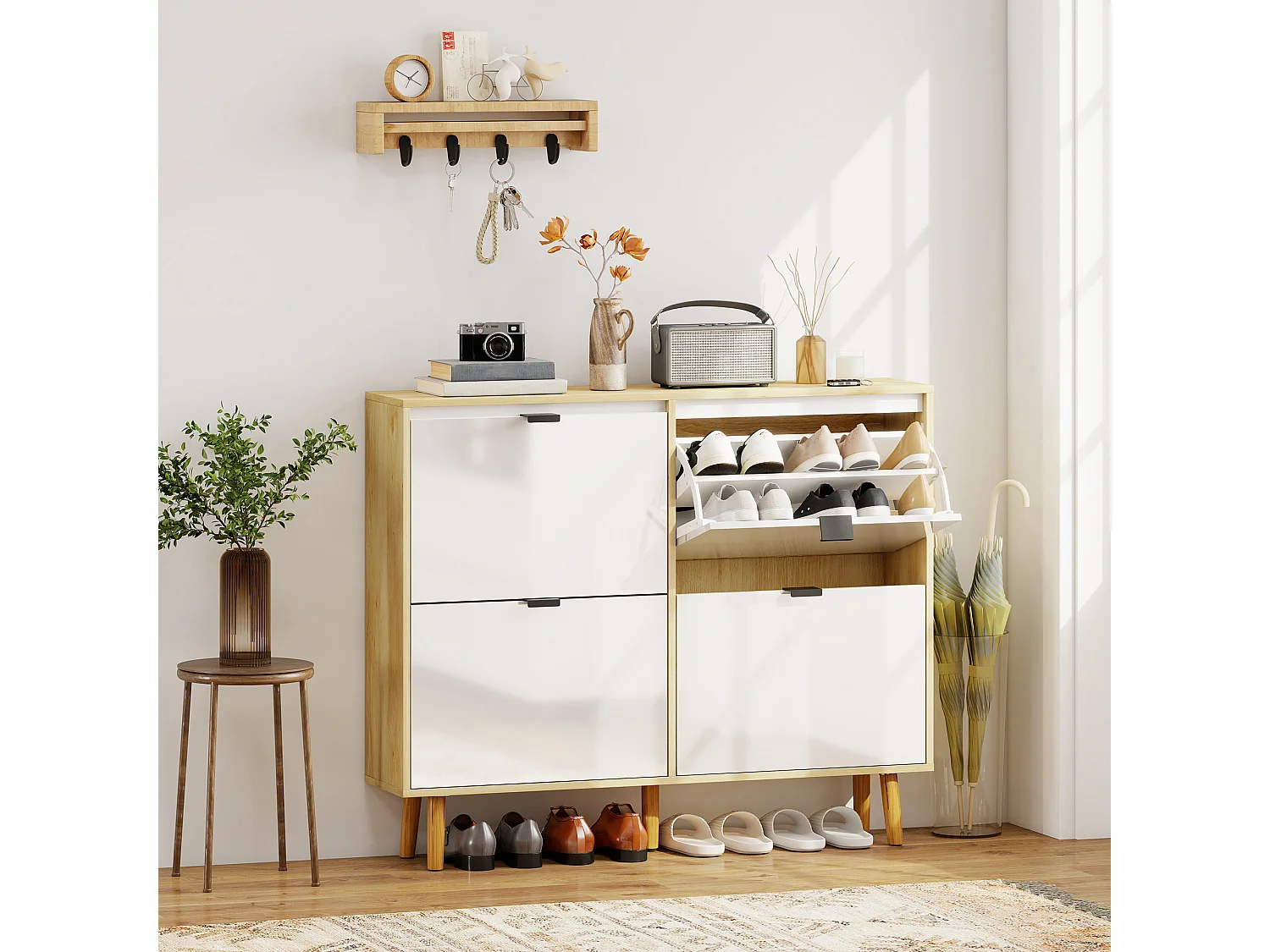 Meuble à chaussures style scandinave 4 portes étagères réglables piètement bois blanc effet bois clair