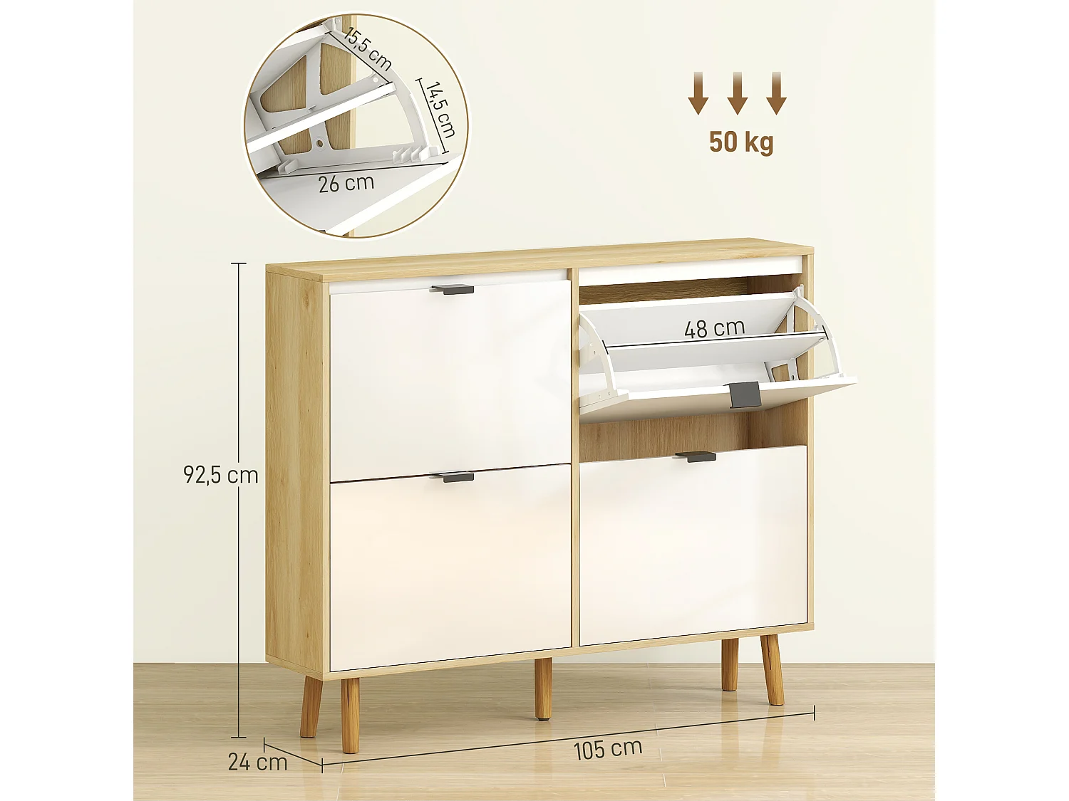 Meuble à chaussures style scandinave 4 portes étagères réglables piètement bois blanc effet bois clair