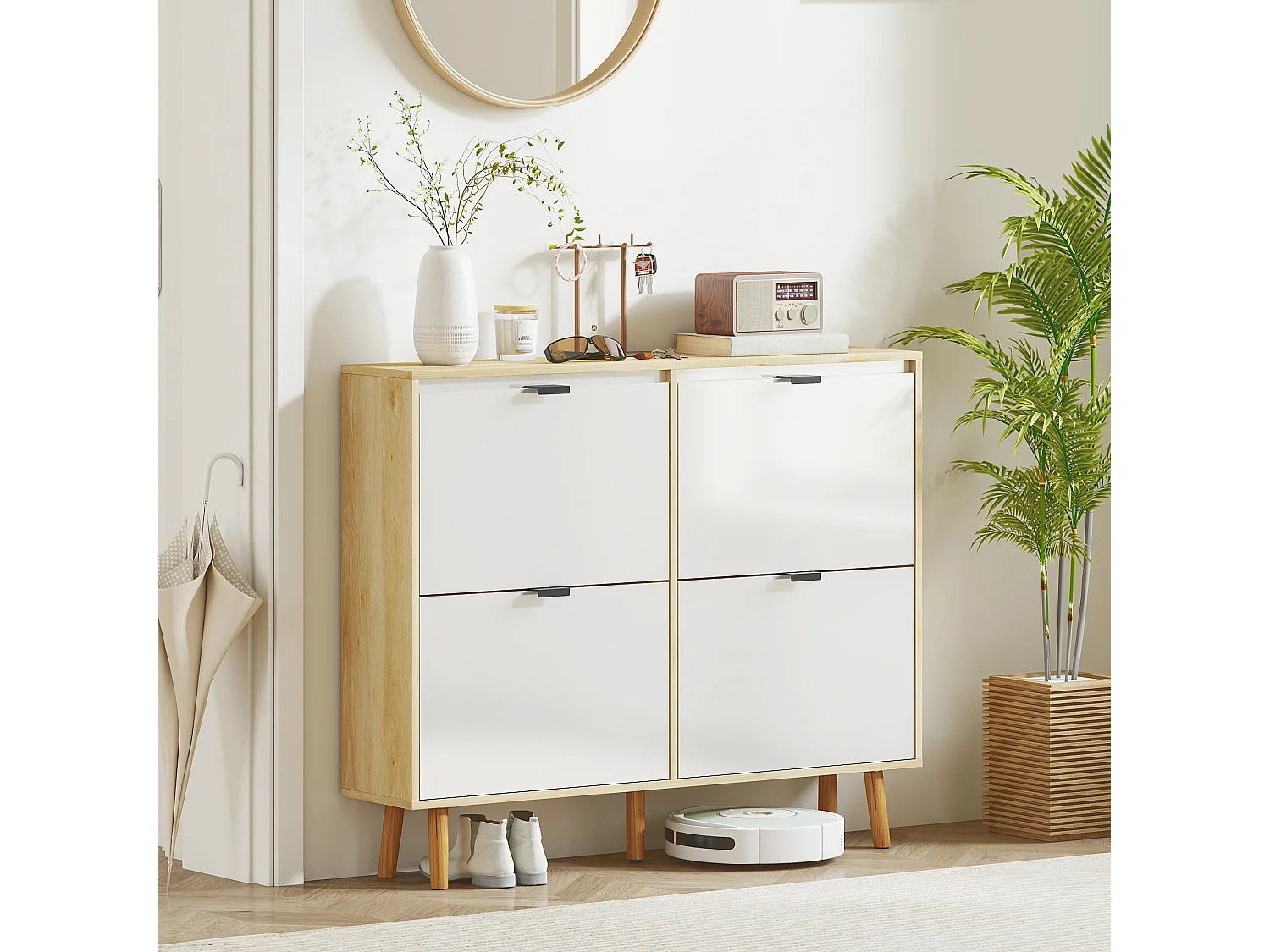 Meuble à chaussures style scandinave 4 portes étagères réglables piètement bois blanc effet bois clair