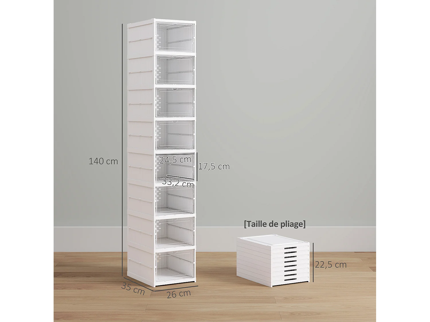 Lot de 8 boîtes à chaussures pliables - cubes à chaussures - dim. 26x35x140 cm - blanc transparent