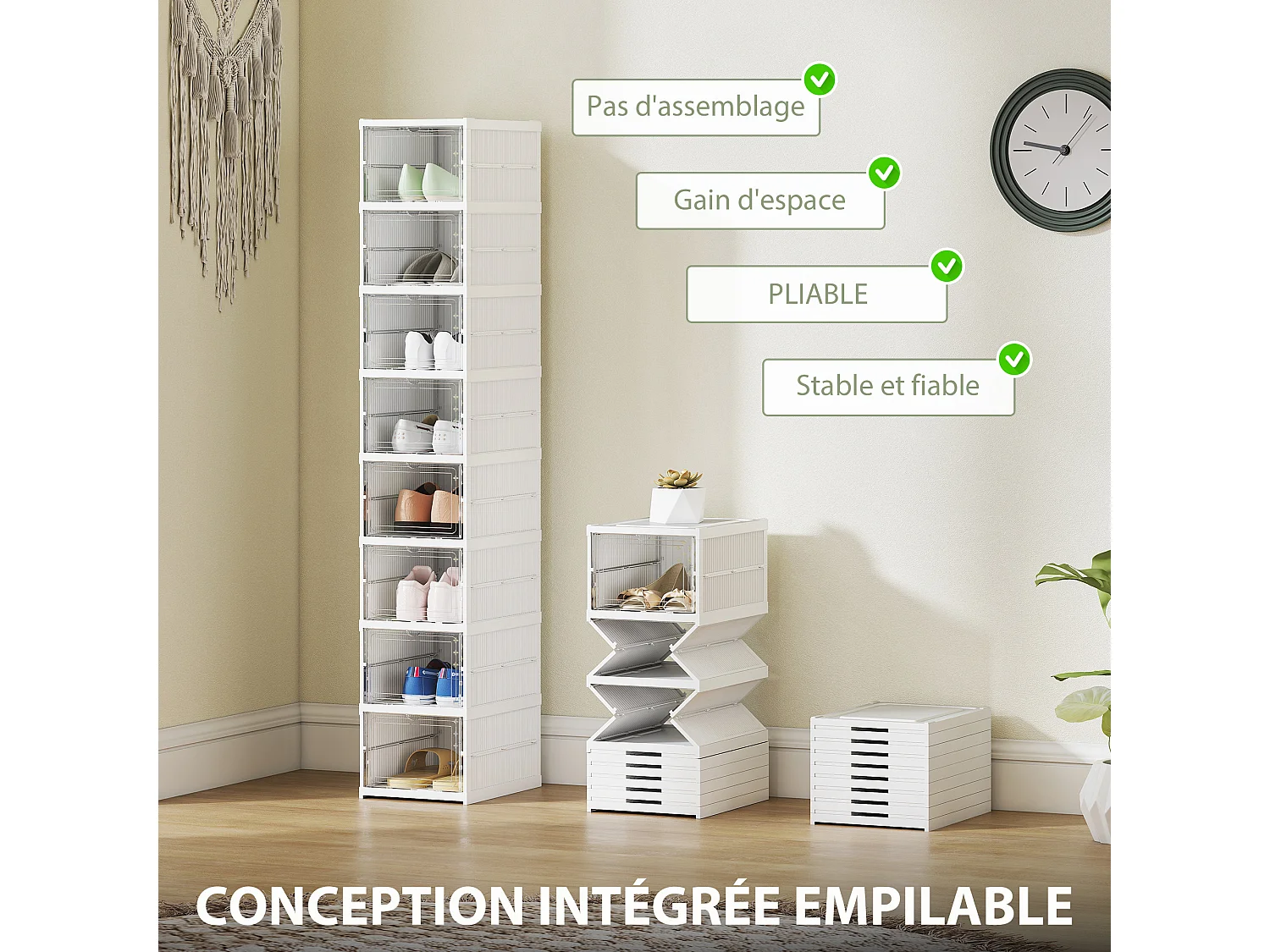 Lot de 8 boîtes à chaussures pliables - cubes à chaussures - dim. 26x35x140 cm - blanc transparent