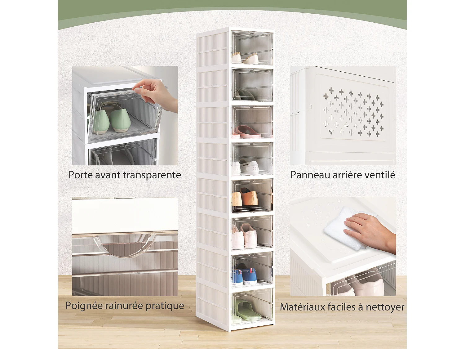 Lot de 8 boîtes à chaussures pliables - cubes à chaussures - dim. 26x35x140 cm - blanc transparent