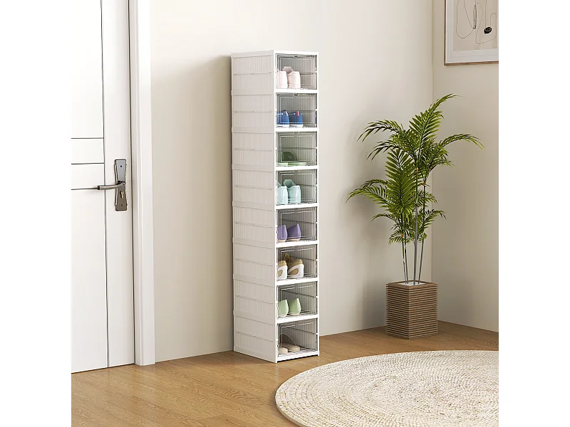 Lot de 8 boîtes à chaussures pliables - cubes à chaussures - dim. 26x35x140 cm - blanc transparent