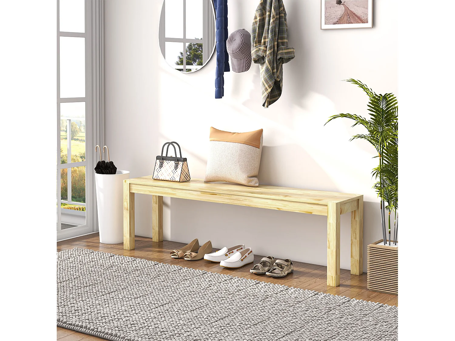 Banc bois intérieur 3 places pin naturel verni dim. 150 x 33 x 45 cm charge max. 330 Kg