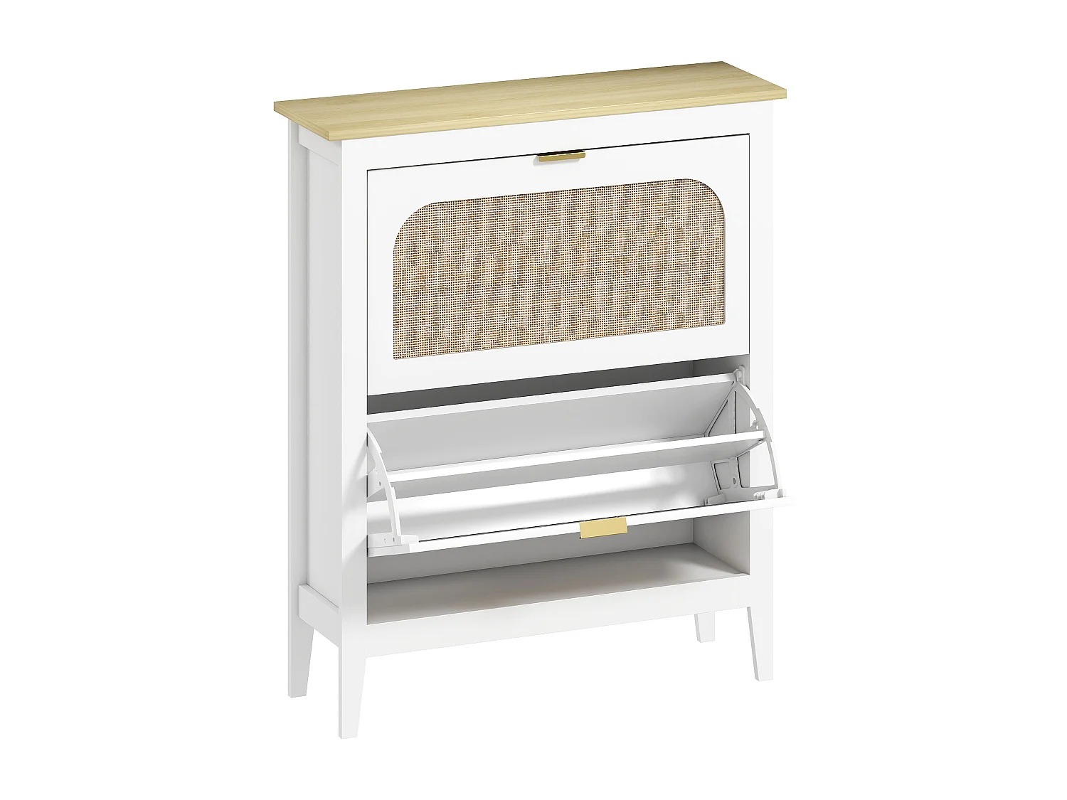 Meuble à chaussures style bohème chic 2 portes façades rotin poignées dorées effet bois clair blanc