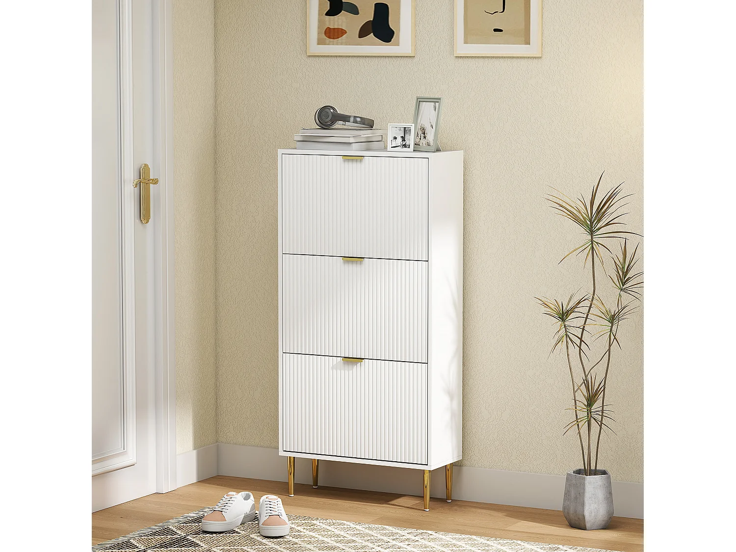 Meuble à chaussures style Art déco 3 portes piètement poignées métal doré 60 x 24 x 128 cm blanc