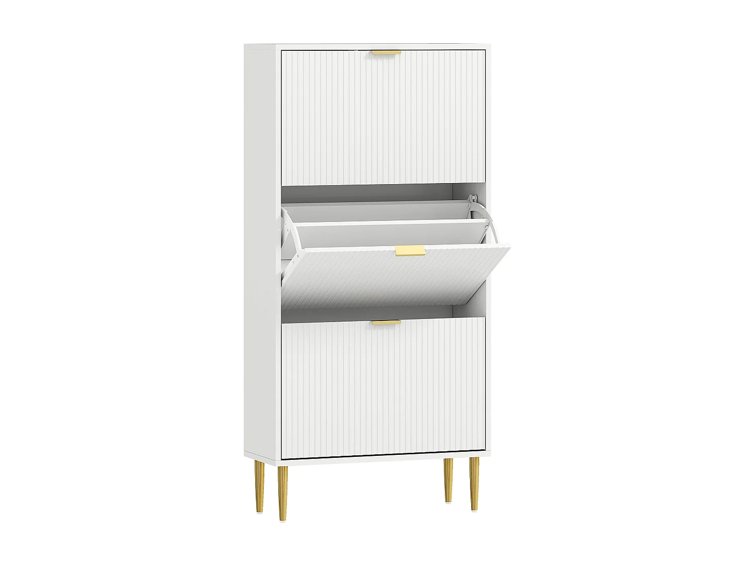 Meuble à chaussures style Art déco 3 portes piètement poignées métal doré 60 x 24 x 128 cm blanc