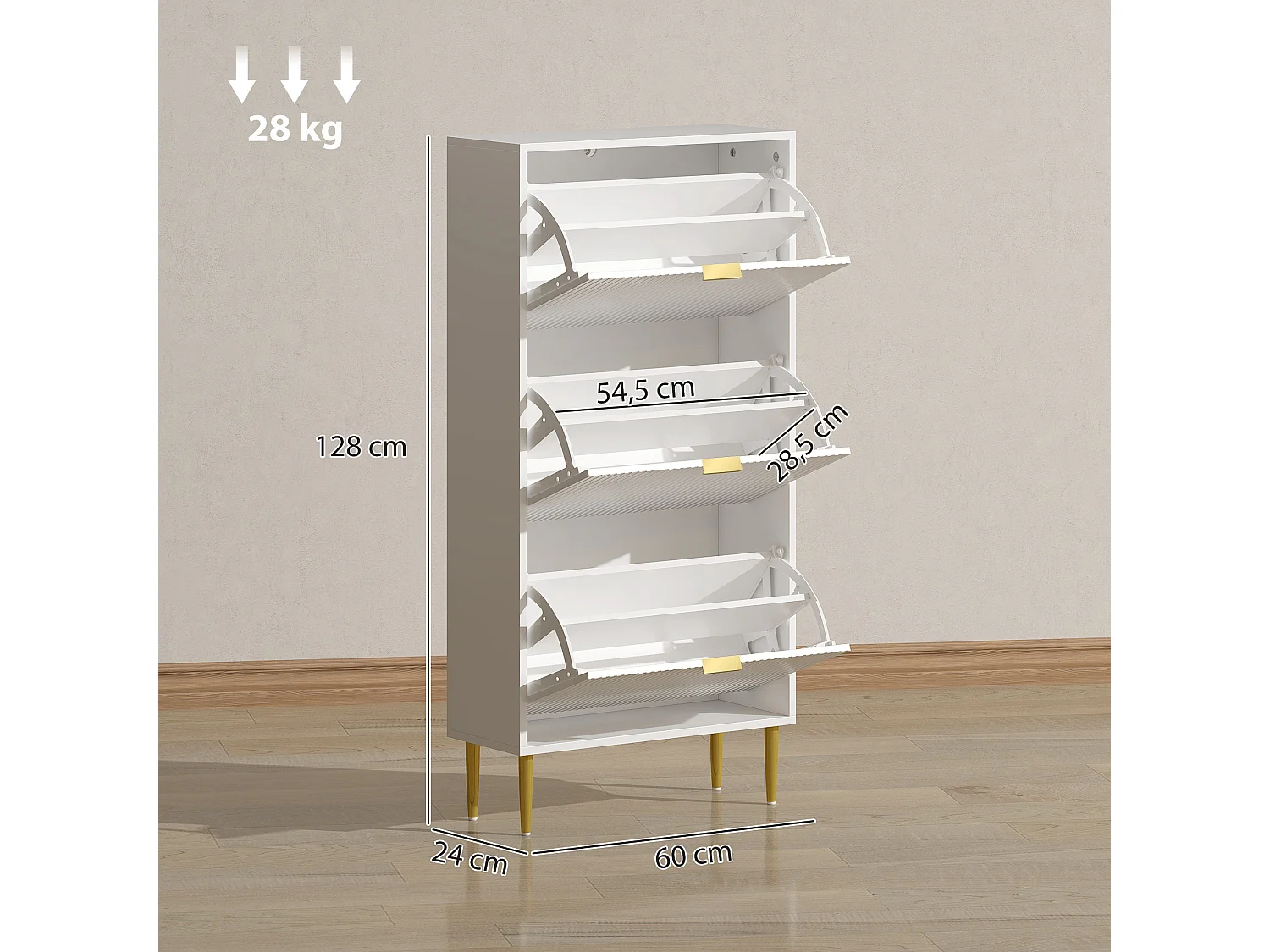 Meuble à chaussures style Art déco 3 portes piètement poignées métal doré 60 x 24 x 128 cm blanc