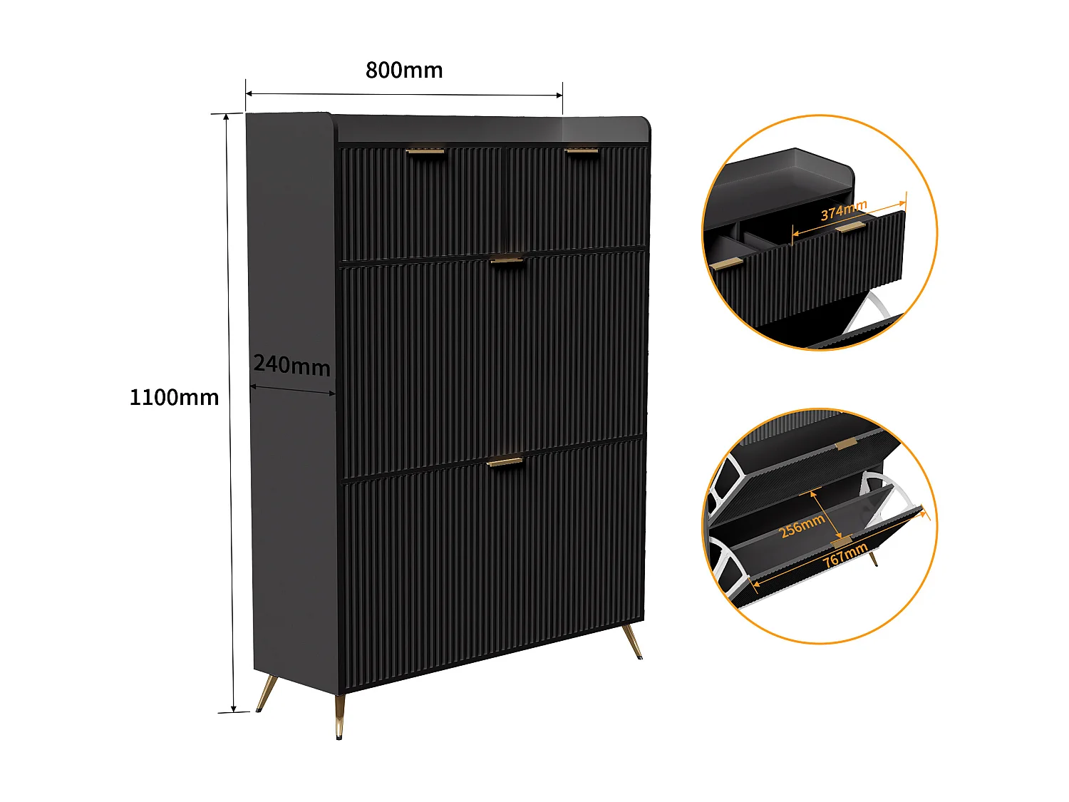 Meuble à chaussures/étagère à chaussures pour entrée avec 2 tiroirs et 2 portes battantes, 80 x 24 x 110 cm，Noir