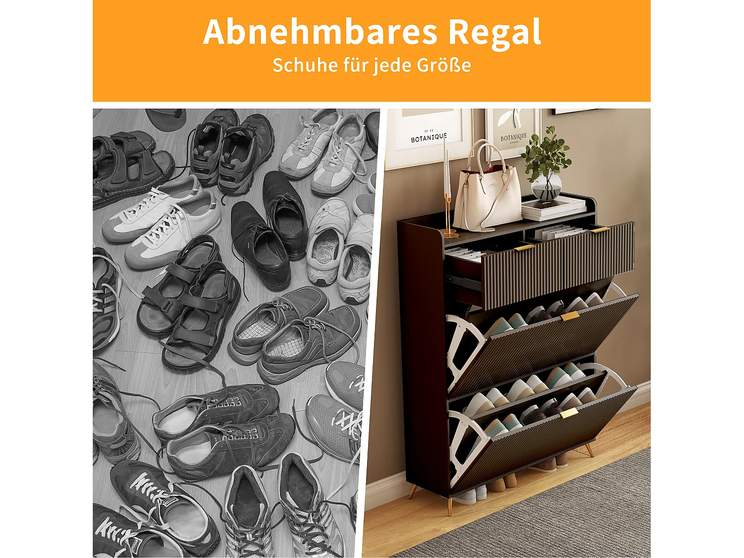 Meuble à chaussures/étagère à chaussures pour entrée avec 2 tiroirs et 2 portes battantes, 80 x 24 x 110 cm，Noir