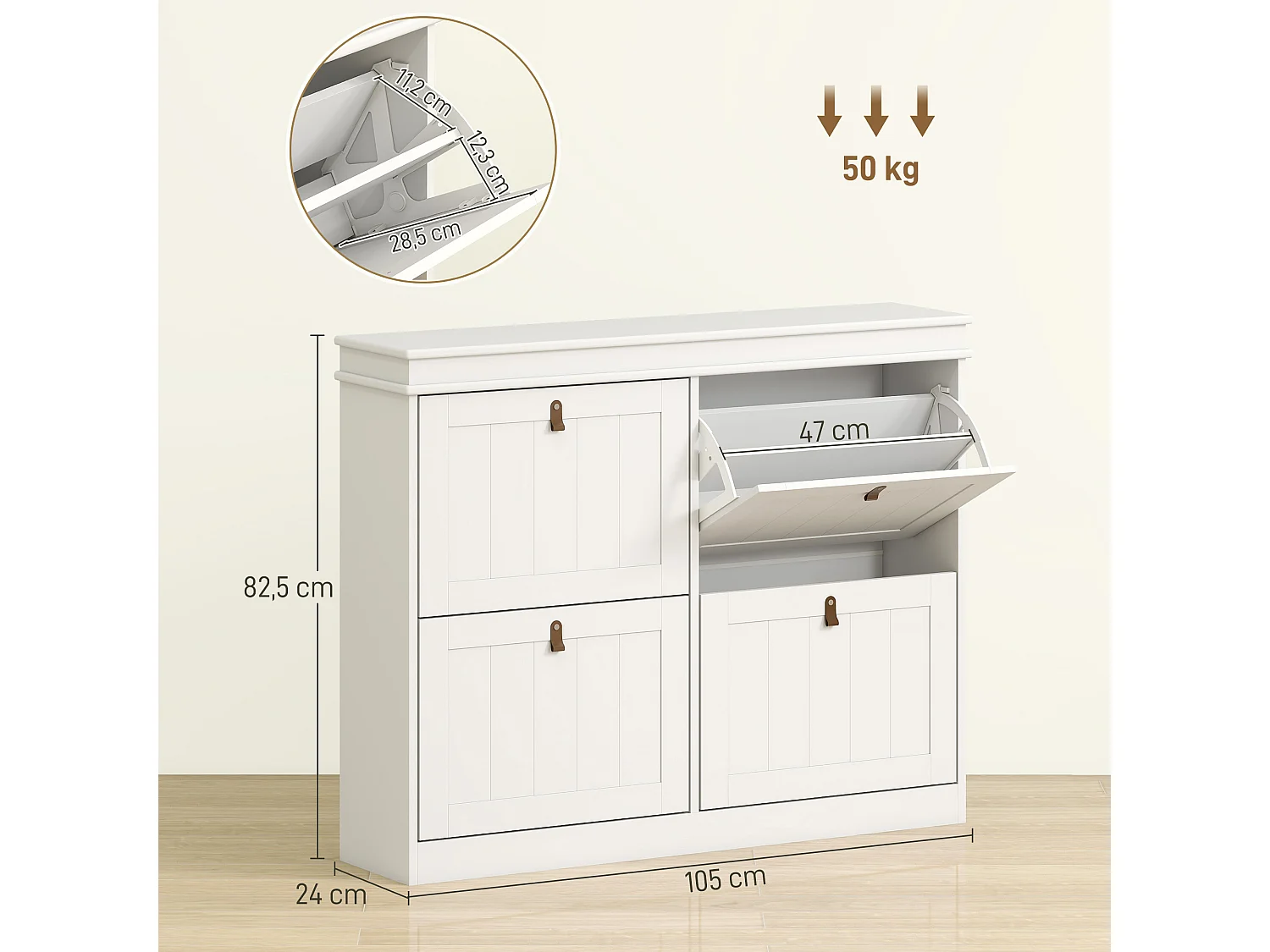 Meuble à chaussures design classique chic 4 portes poignées lanières boucles effet cuir marron blanc