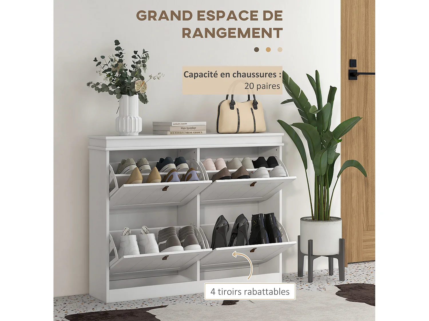 Meuble à chaussures design classique chic 4 portes poignées lanières boucles effet cuir marron blanc