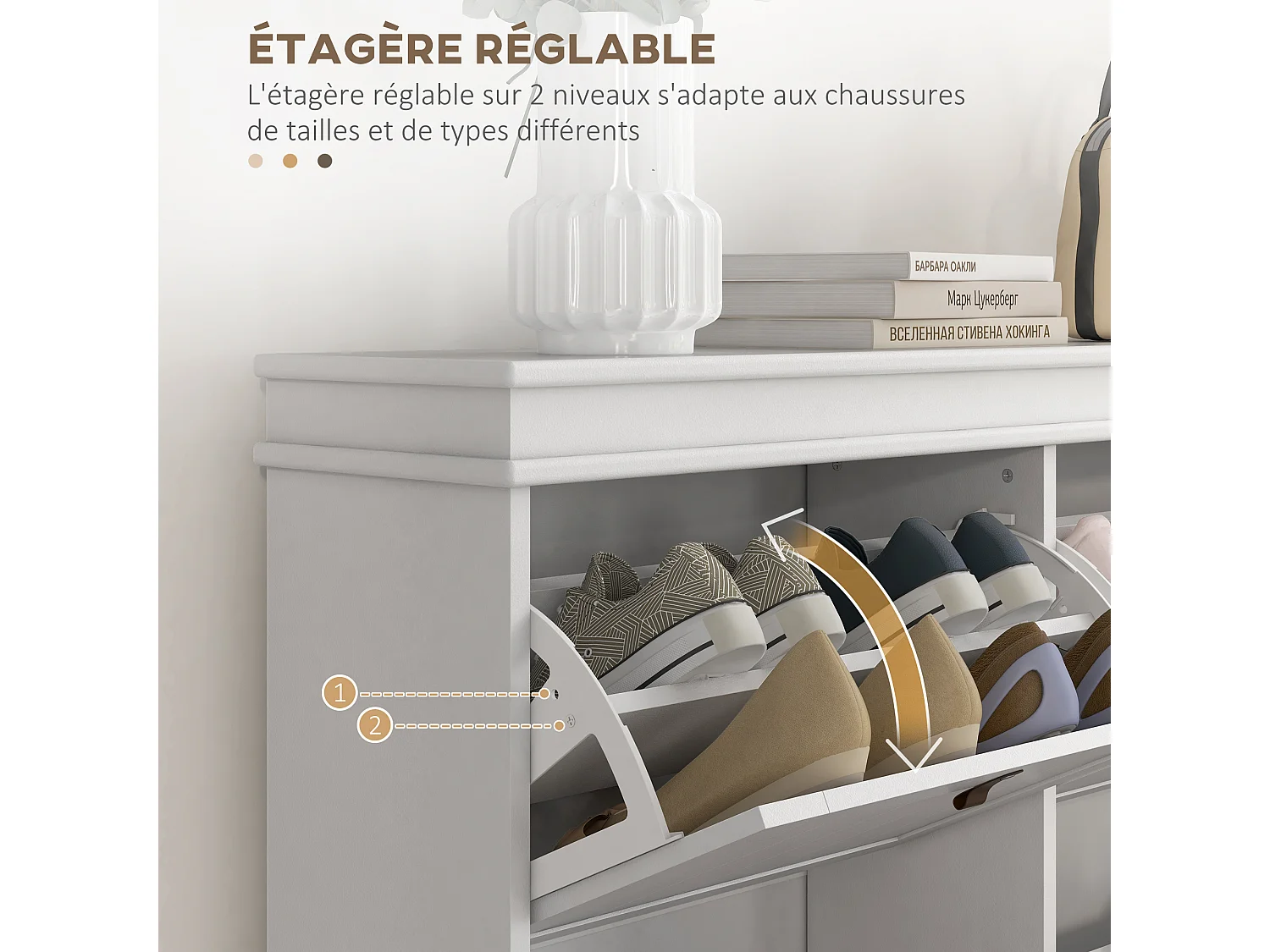 Meuble à chaussures design classique chic 4 portes poignées lanières boucles effet cuir marron blanc