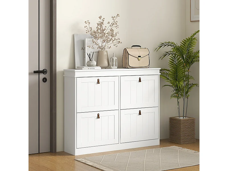 Meuble à chaussures design classique chic 4 portes poignées lanières boucles effet cuir marron blanc