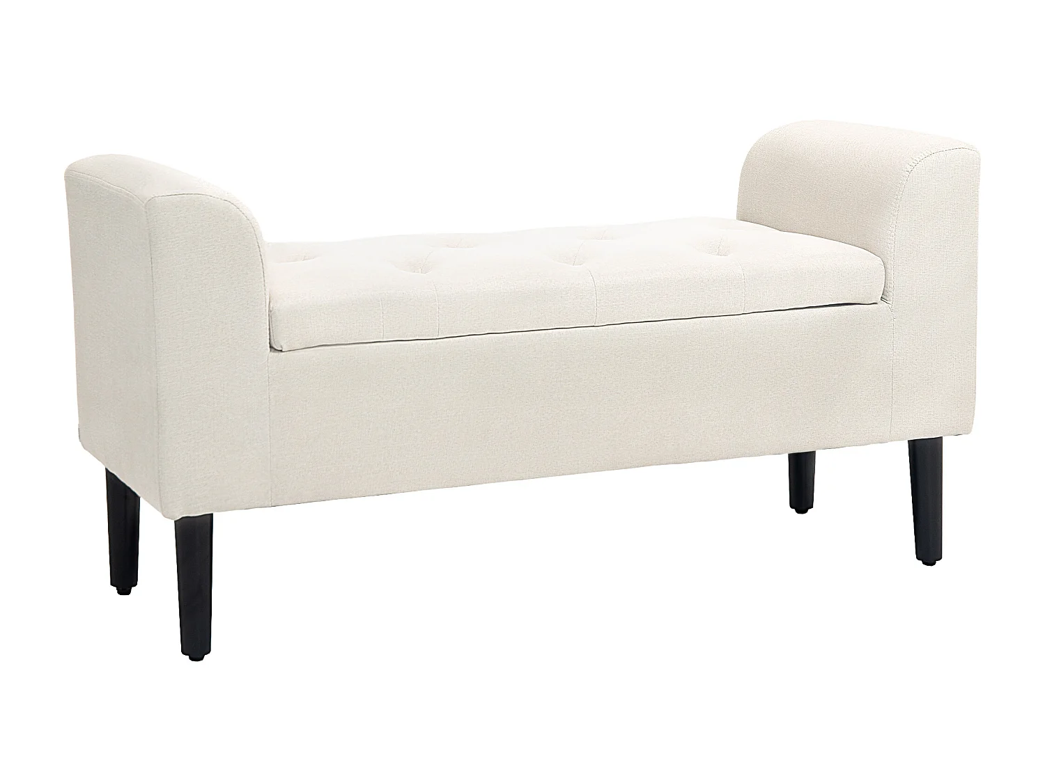 Banquette coffre de rangement 2 en 1 design Chesterfield assise capitonnée accoudoirs courbés pieds effilés bois d'hévéa aspect lin blanc cassé