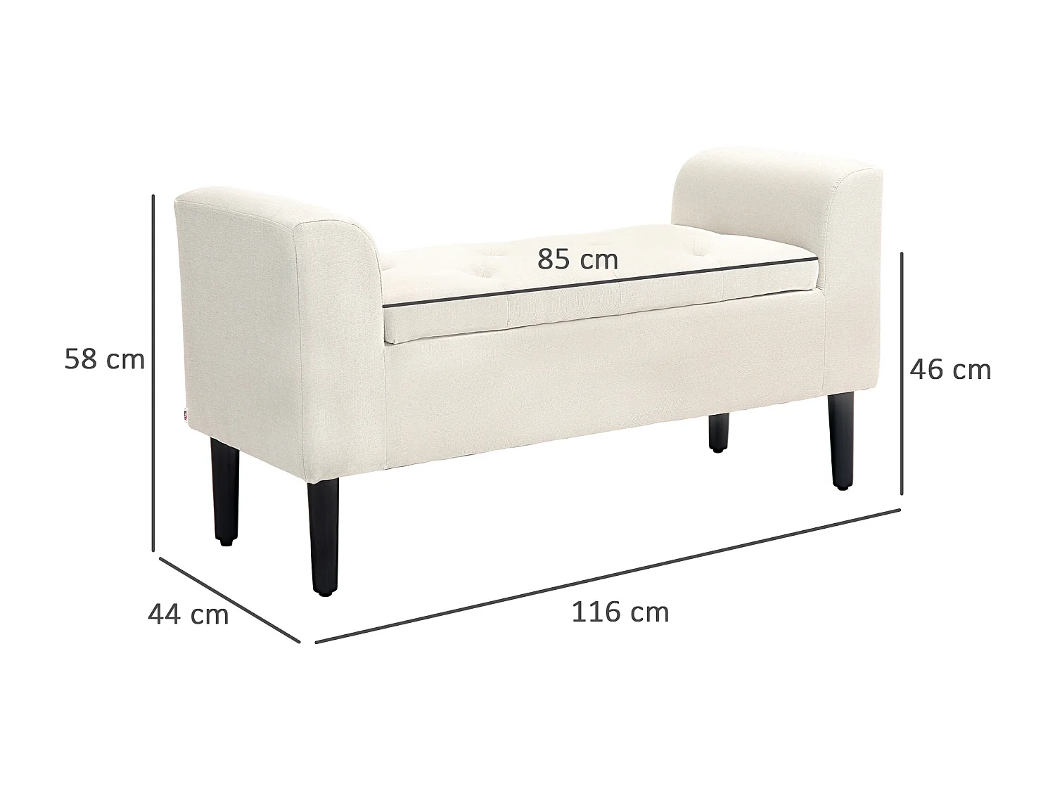 Banquette coffre de rangement 2 en 1 design Chesterfield assise capitonnée accoudoirs courbés pieds effilés bois d'hévéa aspect lin blanc cassé