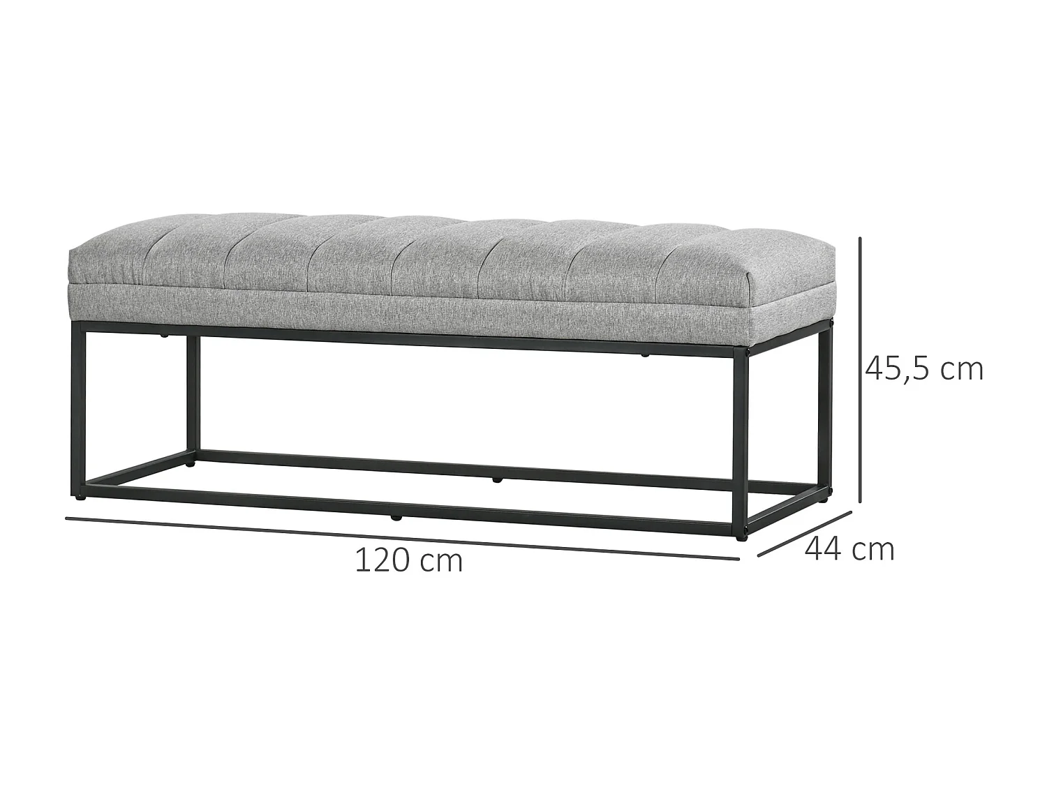 Banc bout de lit épais coussin matelassé grand confort acier noir tissu toucher lin gris clair