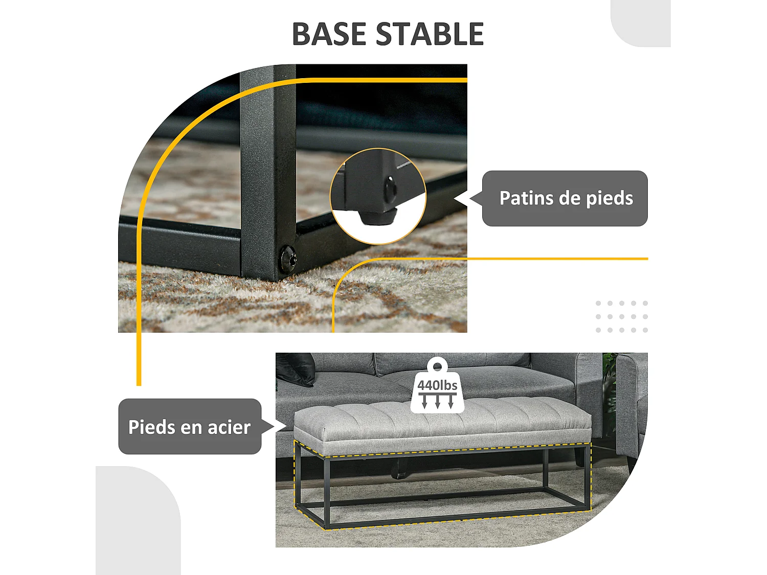 Banc bout de lit épais coussin matelassé grand confort acier noir tissu toucher lin gris clair