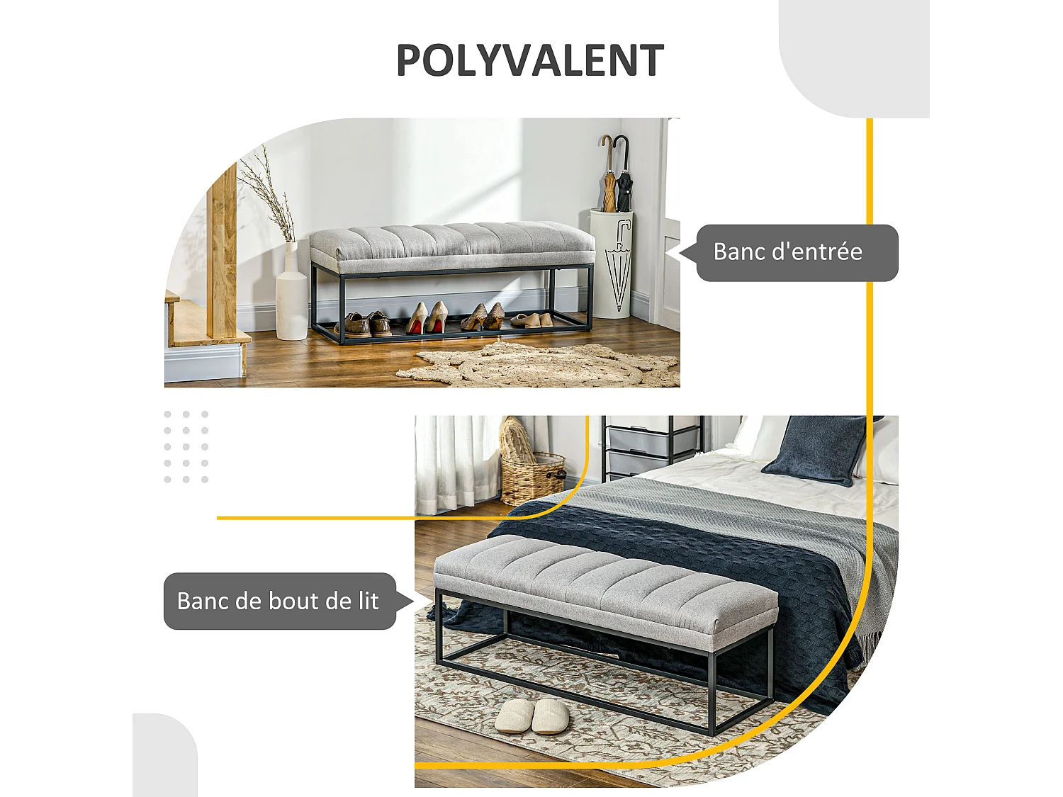 Banc bout de lit épais coussin matelassé grand confort acier noir tissu toucher lin gris clair