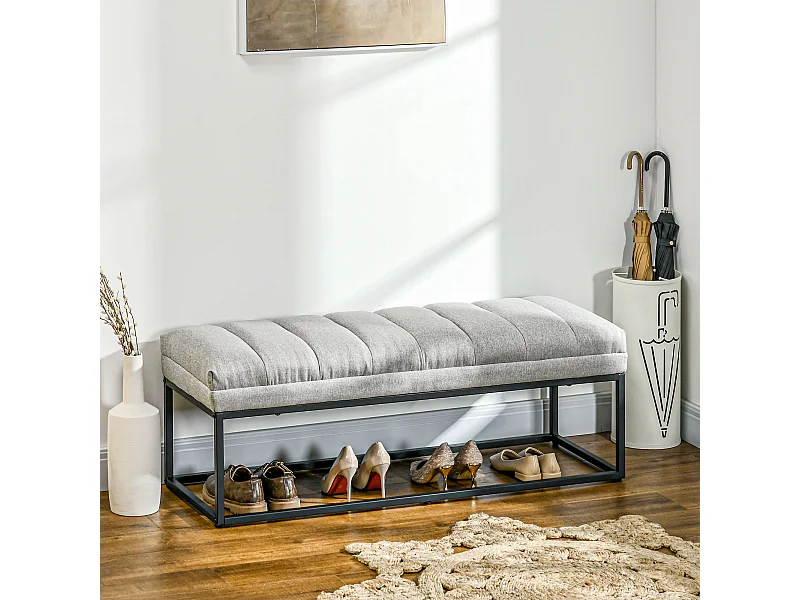 Banc bout de lit épais coussin matelassé grand confort acier noir tissu toucher lin gris clair