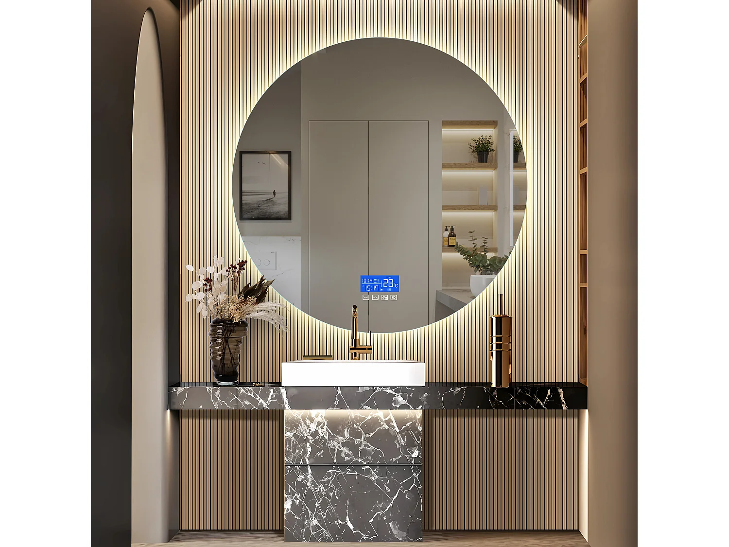 Miroir de Salle de Bain - 100*100 cm - avec LED - Fonction anti-buée - Affichage Temps/Température - Blanc